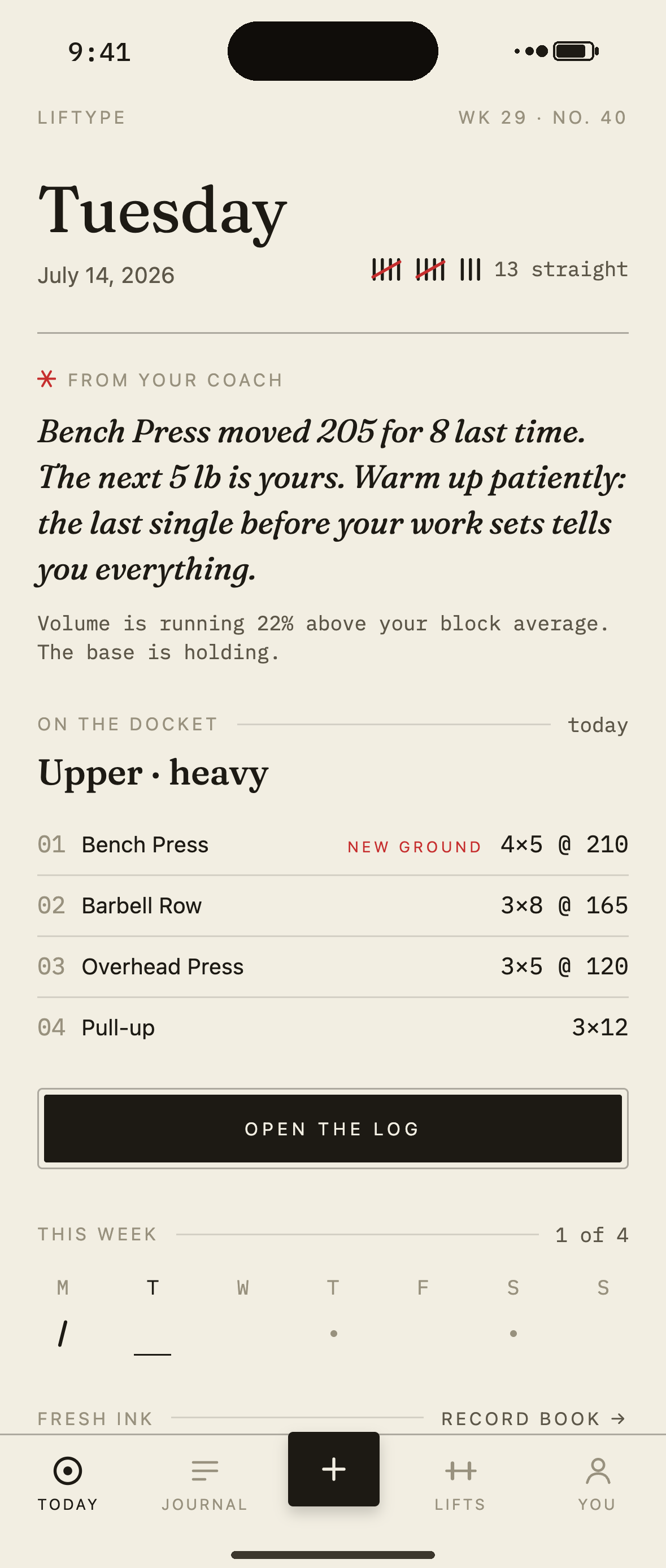 Liftype home screen with the coach's note and the next session